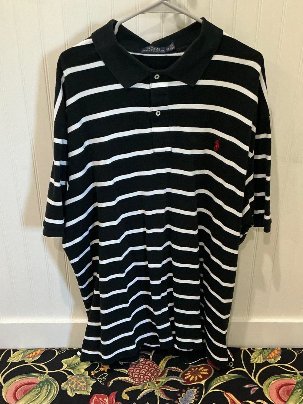 Polo by Ralph Lauren Black and White Striped Polo with Red Pony